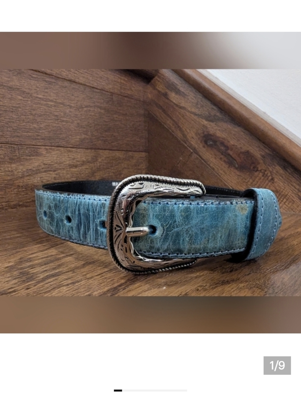 Western Belt Teal Leather, Silver Buckle White/Black Stitching & Gemstones Sz XS